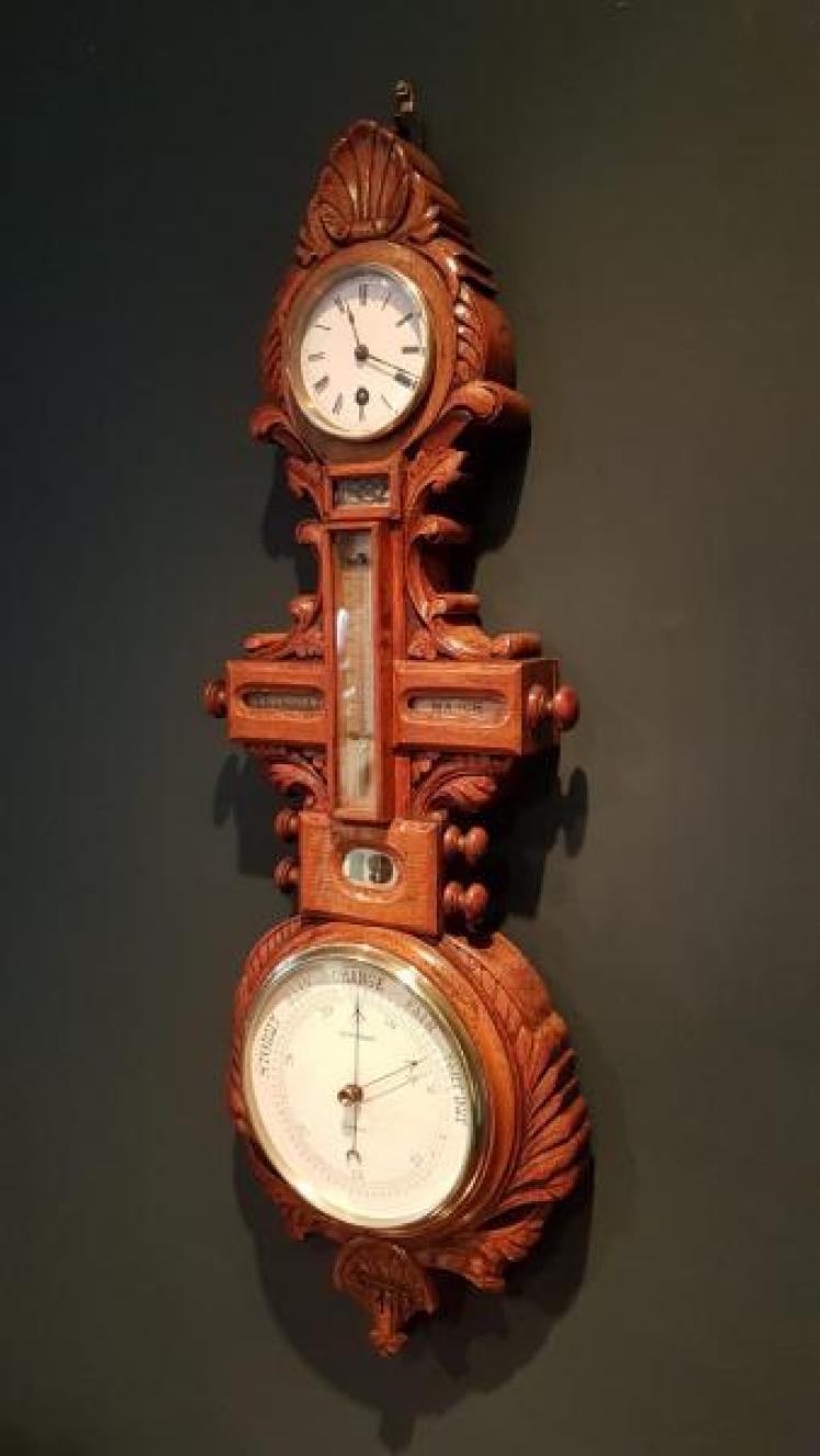 Unusual Victorian Carved Oak Barometer Clock and Calendar combination - Image 5