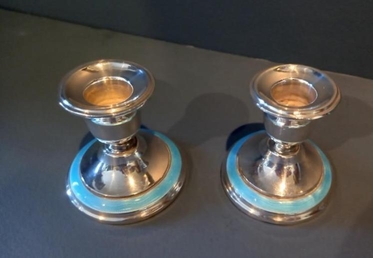 Pair of George V Period Silver & Enamel Candlesticks - Image 1