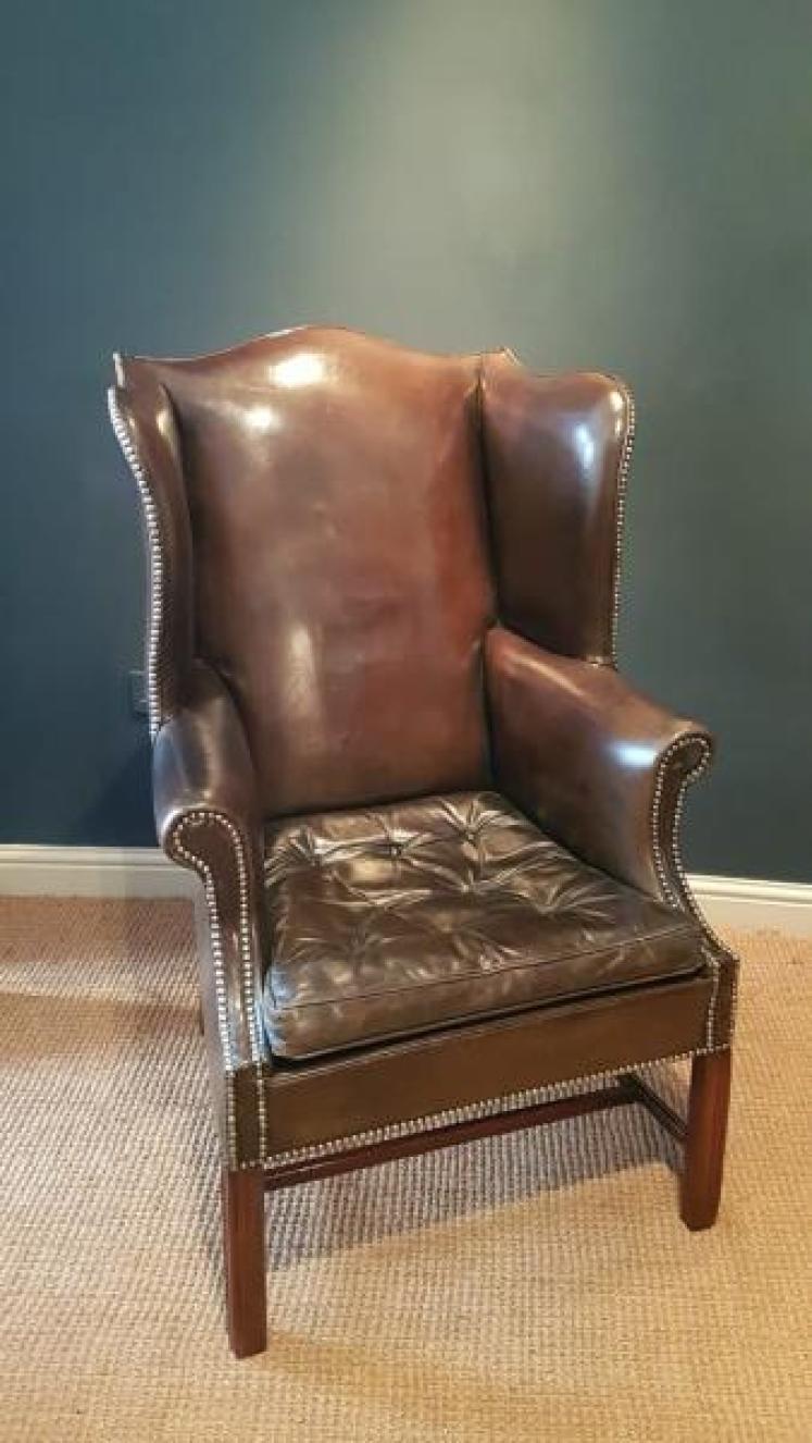 Original 1920's Antique Leather Wing Back Arm Chair - Image 1