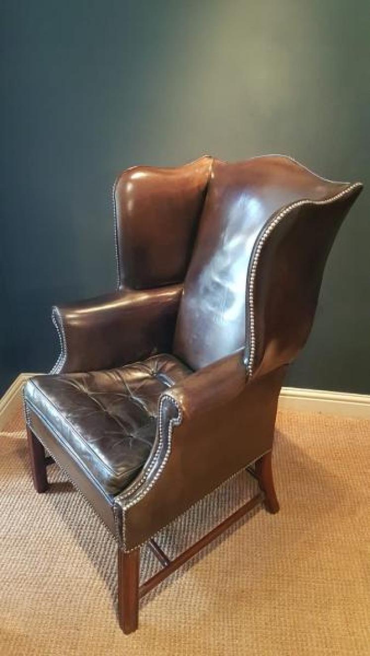 Original 1920's Antique Leather Wing Back Arm Chair - Image 3