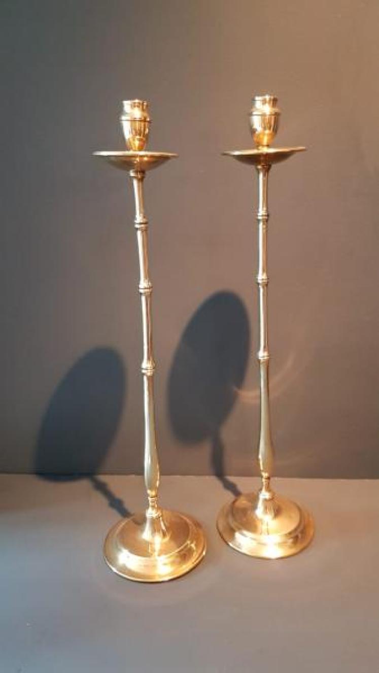 Tall Pair of Antique Cast Brass Candlesticks - Image 1