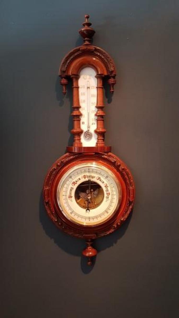 Victorian Pendant Mahogany Barometer with Thermometer - Image 1