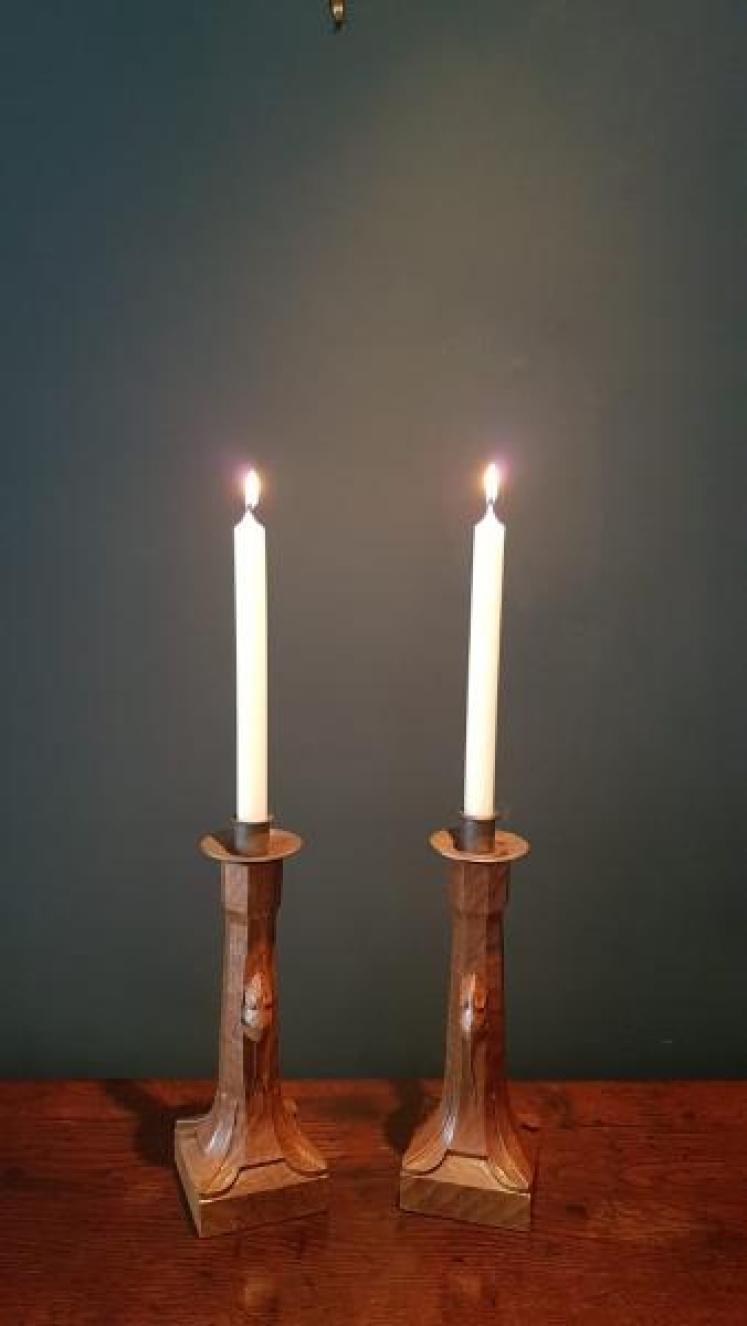 Matching Pair of Mouseman Adzed Oak Candlesticks - Image 1