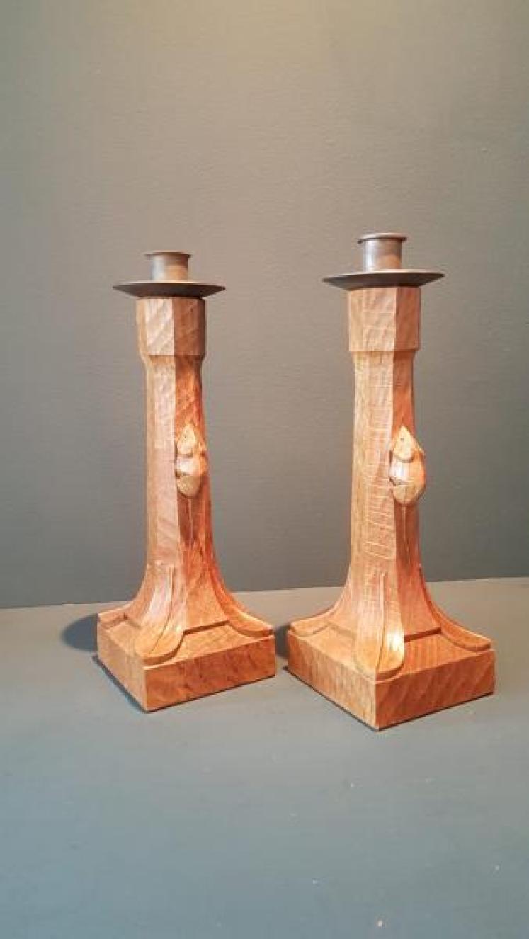 Matching Pair of Mouseman Adzed Oak Candlesticks - Image 2