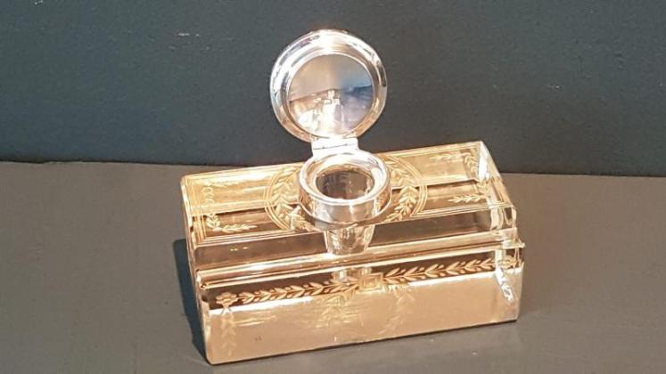 Silver and Cut Crystal Pen and Ink Stand with Inset Compass - Image 4