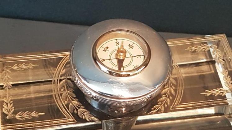 Silver and Cut Crystal Pen and Ink Stand with Inset Compass - Image 6