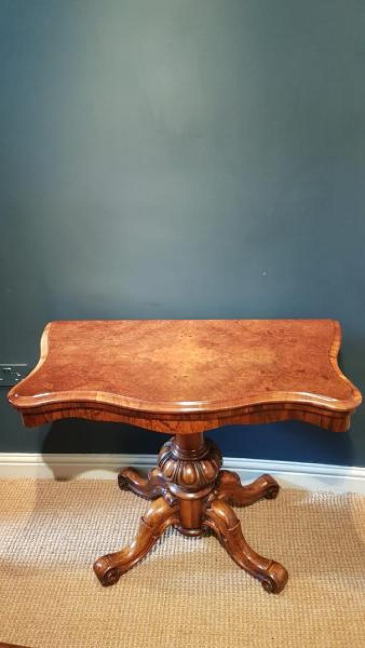 Superior Quality Victorian Burr Walnut Fold Over Tea Table - Image 1