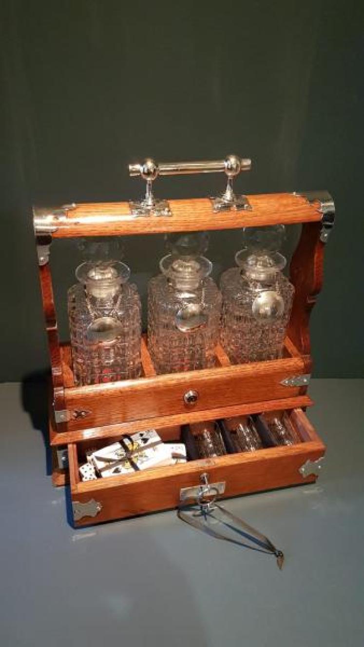 Victorian Oak Tantalus With Games Drawer - Image 1