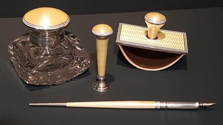 Superb Silver and Enamel Four Piece Pen and Ink Set - Image 1