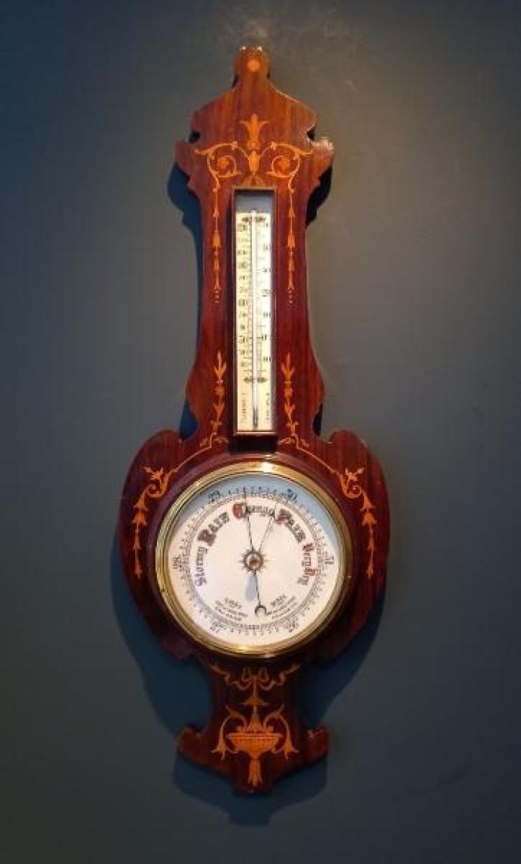 Late Victorian Rosewood Sheraton Inlaid Banjo Barometer and Thermometer - Image 1
