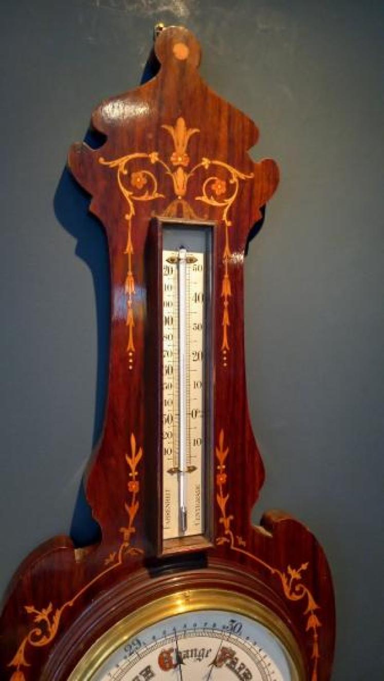 Late Victorian Rosewood Sheraton Inlaid Banjo Barometer and Thermometer - Image 2