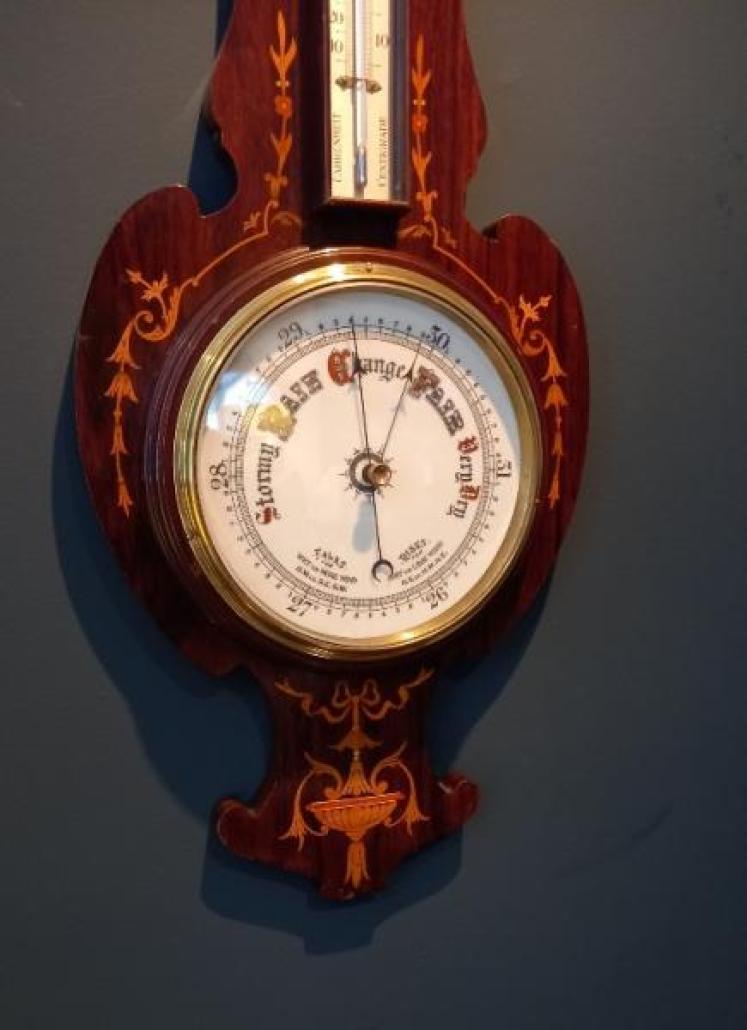 Late Victorian Rosewood Sheraton Inlaid Banjo Barometer and Thermometer - Image 3