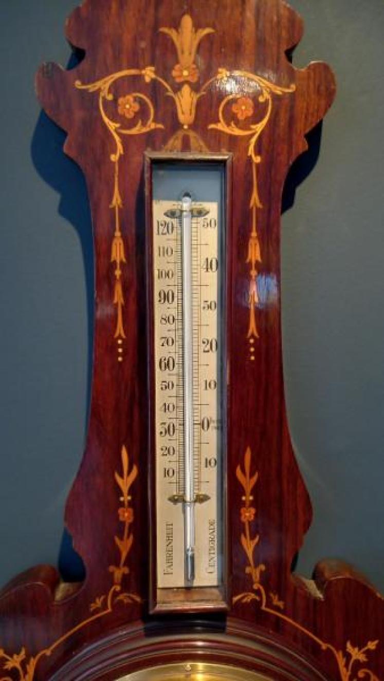 Late Victorian Rosewood Sheraton Inlaid Banjo Barometer and Thermometer - Image 4