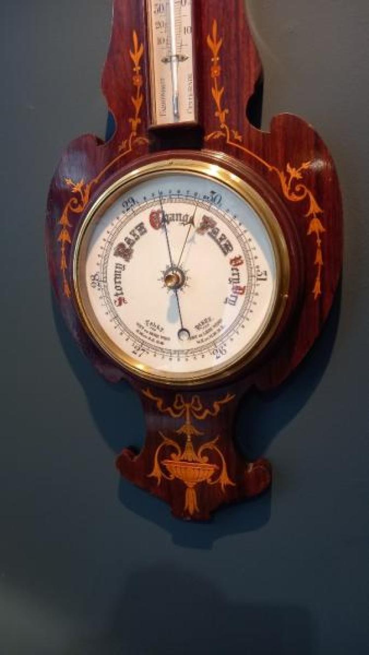 Late Victorian Rosewood Sheraton Inlaid Banjo Barometer and Thermometer - Image 6