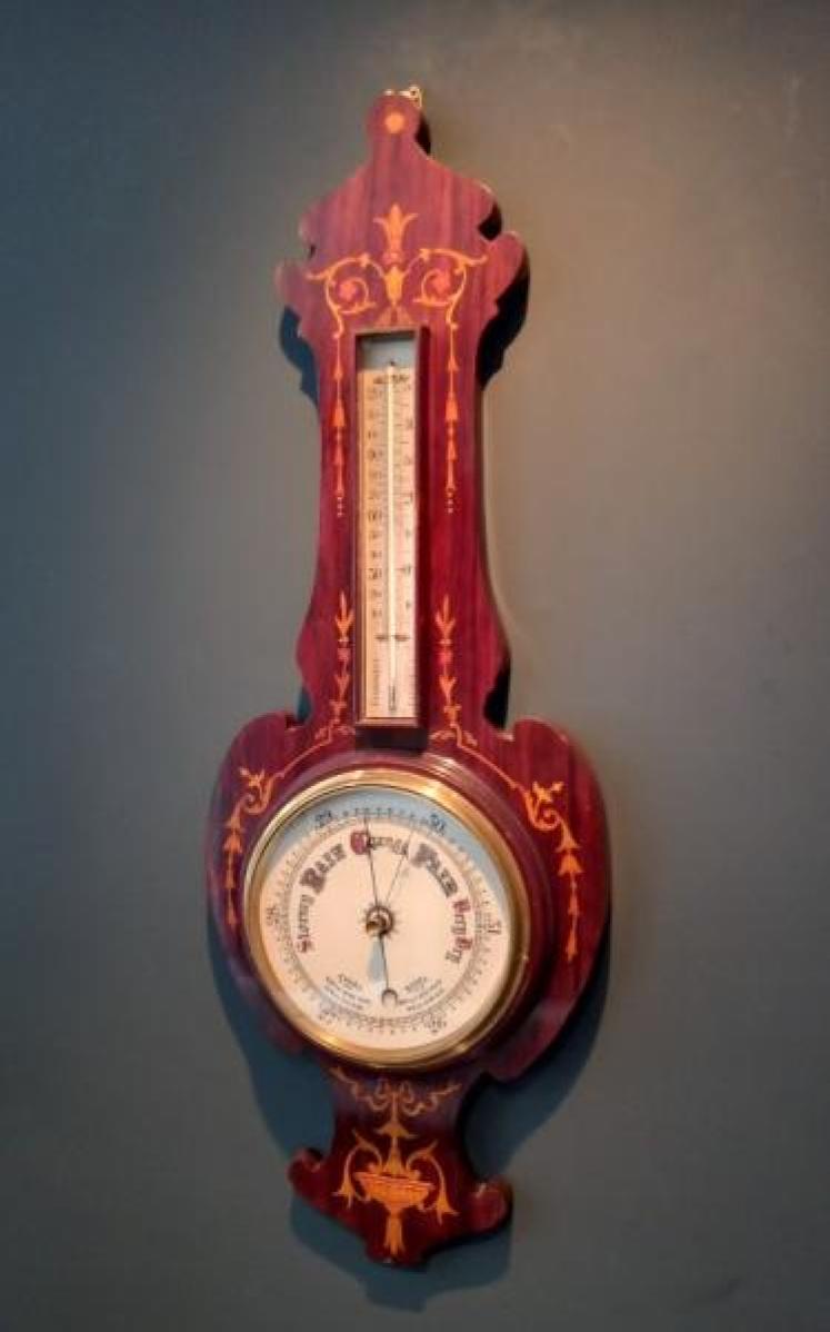 Late Victorian Rosewood Sheraton Inlaid Banjo Barometer and Thermometer - Image 7
