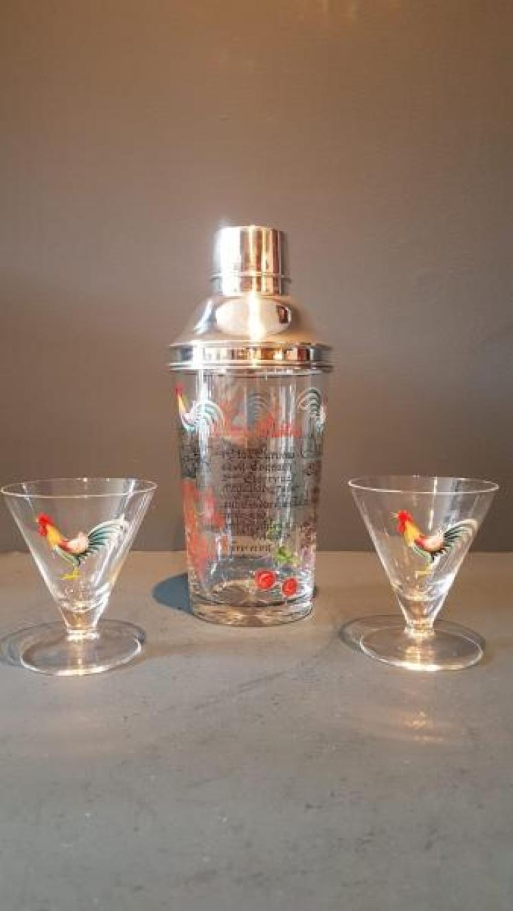 Silver and Enamel Glass Cocktail Shaker and Glasses - Image 1