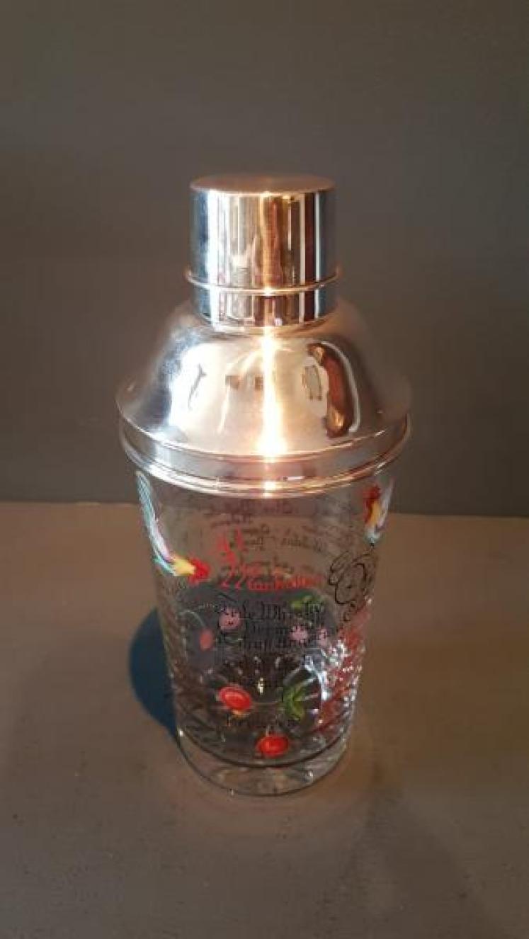 Silver and Enamel Glass Cocktail Shaker and Glasses - Image 2