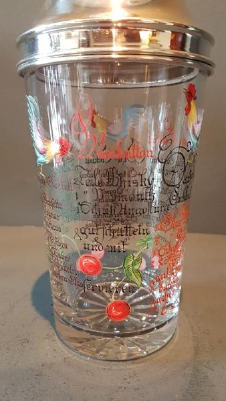 Silver and Enamel Glass Cocktail Shaker and Glasses - Image 6
