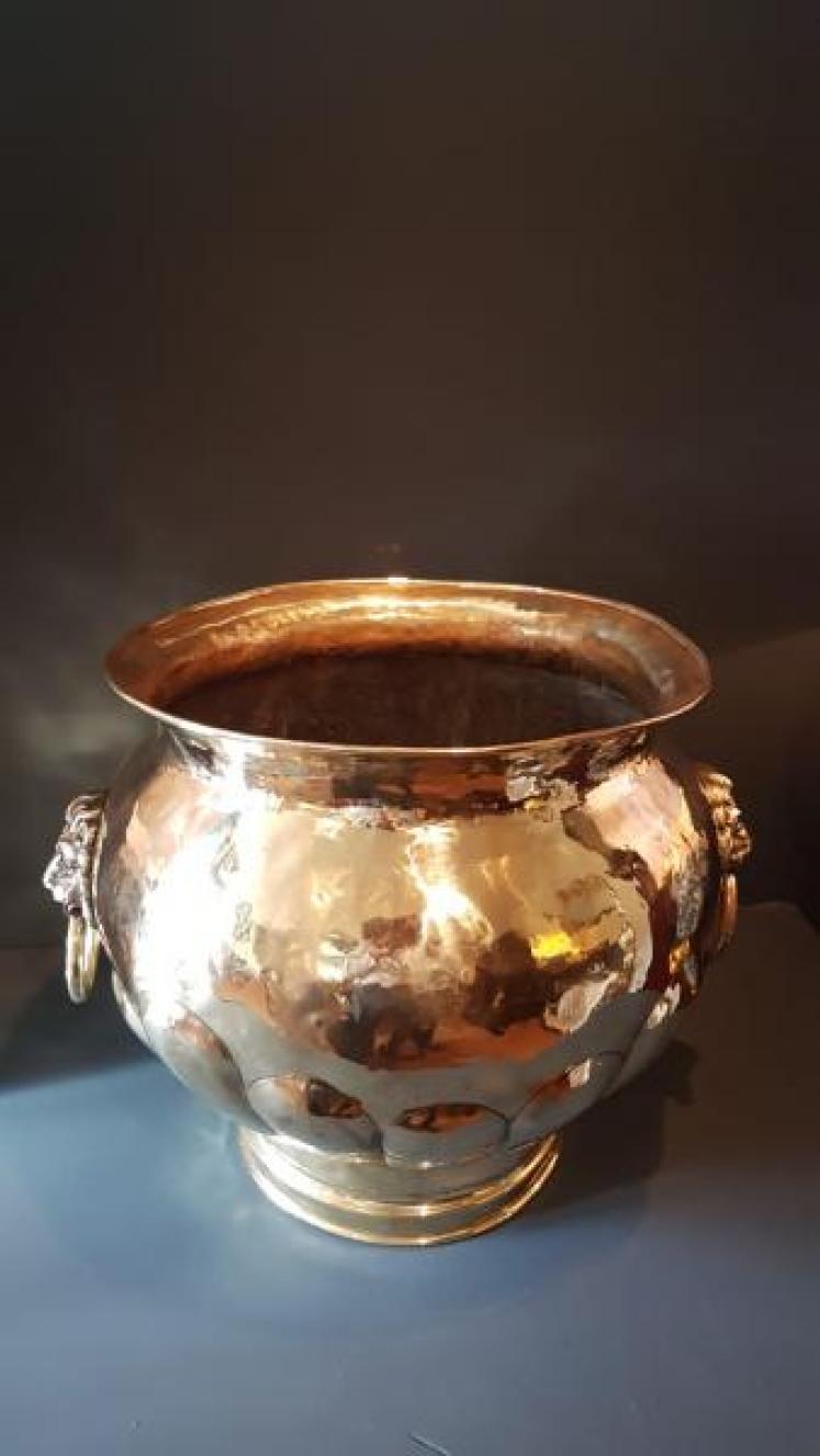 Large Victorian Brass Lion Mask Handled Planter - Image 1