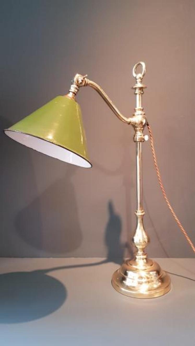 Antique Brass Rise and Fall Lamp & Enamel Shade - Image 1