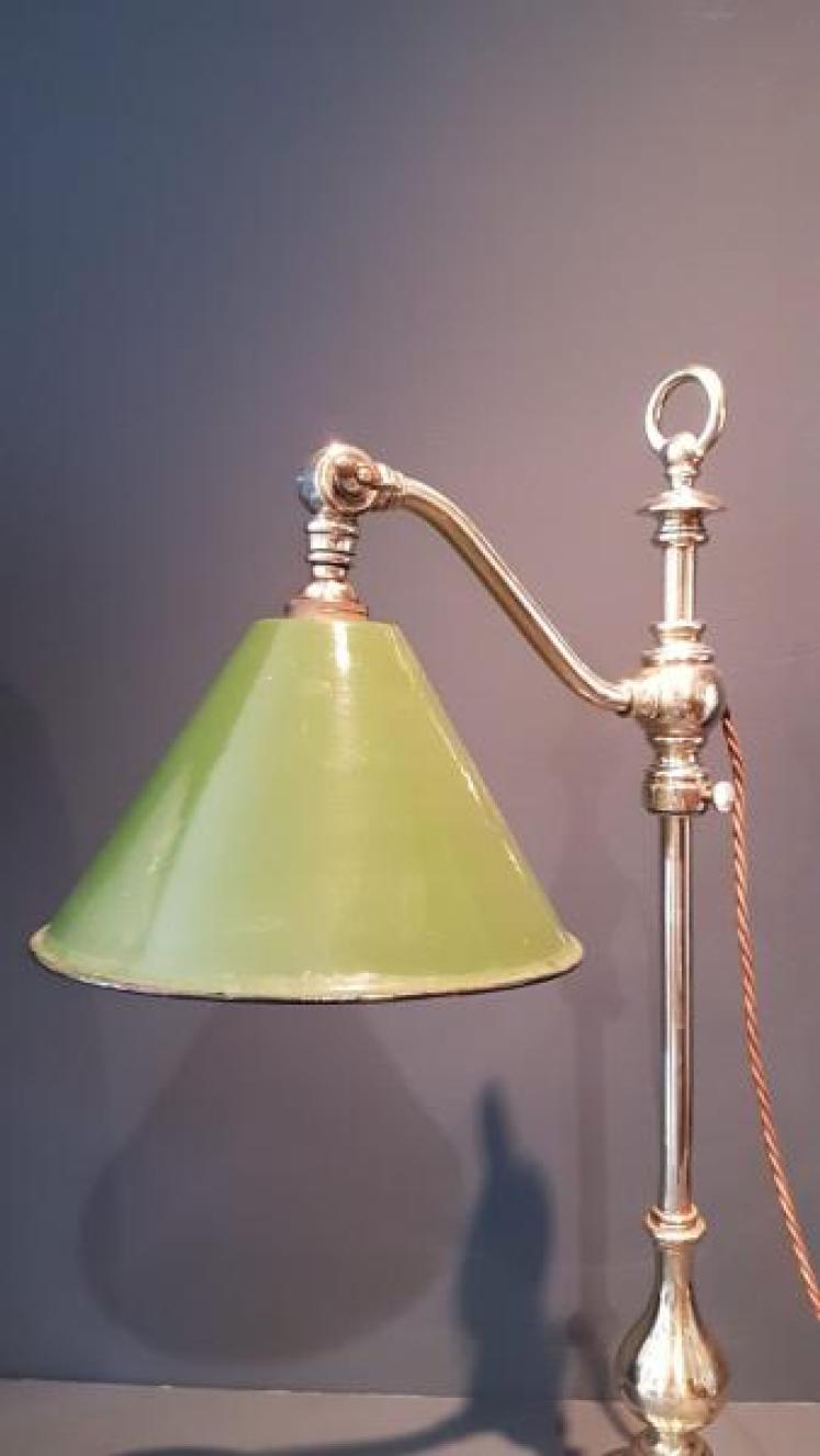 Antique Brass Rise and Fall Lamp & Enamel Shade - Image 2