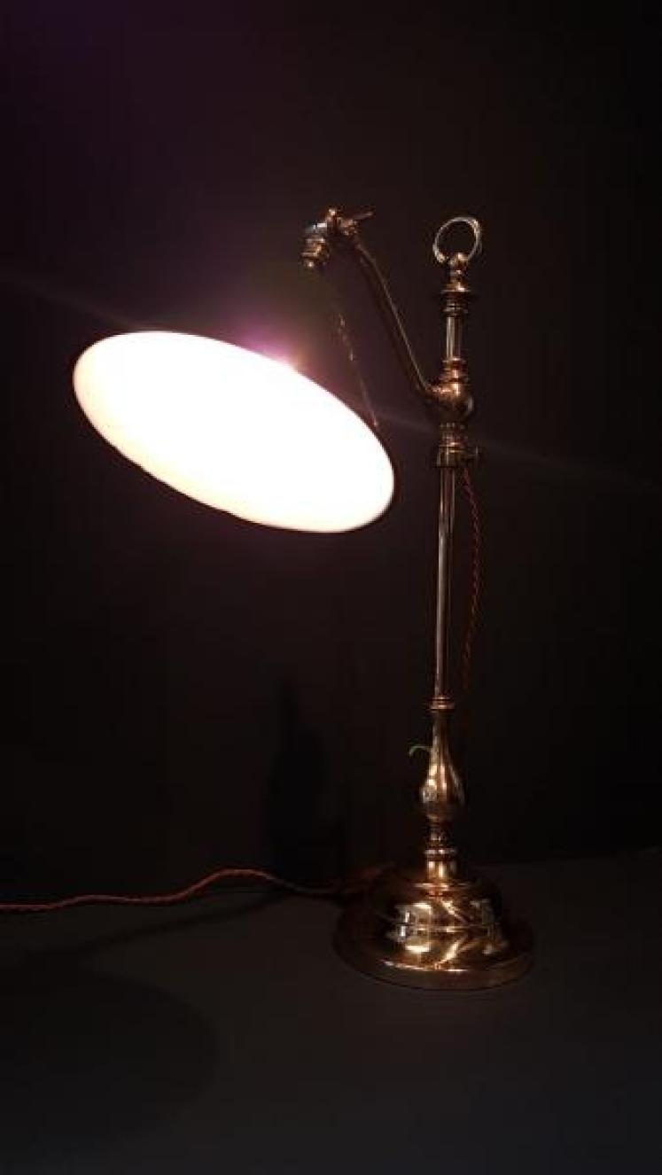 Antique Brass Rise and Fall Lamp & Enamel Shade - Image 5