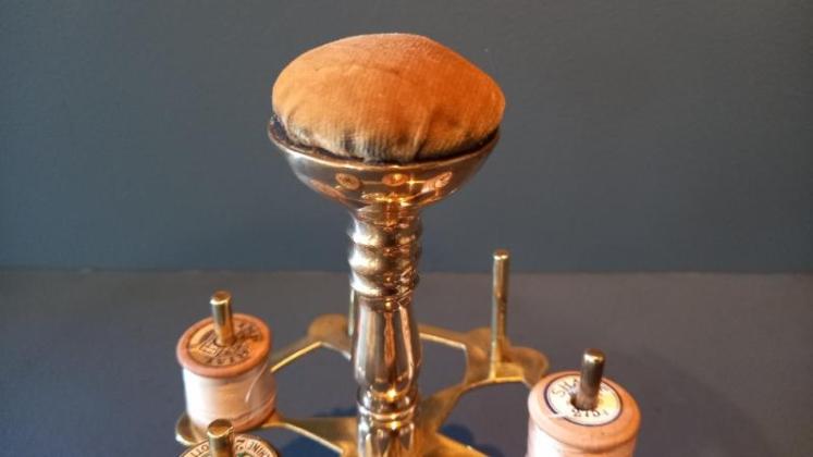 Antique Brass Bobbin Stand & Pin Cushion - Image 4