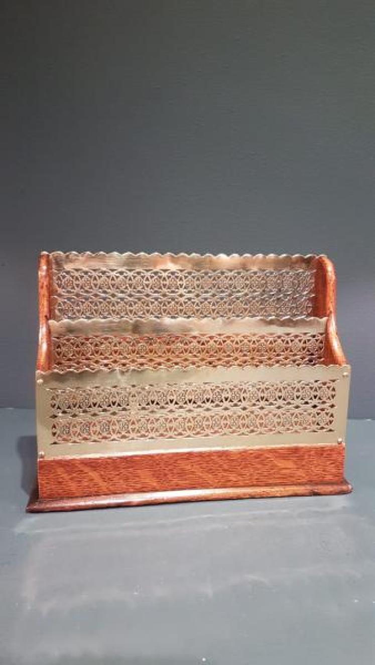 Victorian Fretted Brass and Oak Letter Rack - Image 1