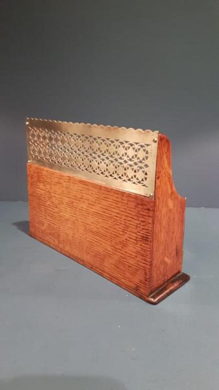 Victorian Fretted Brass and Oak Letter Rack - Image 2