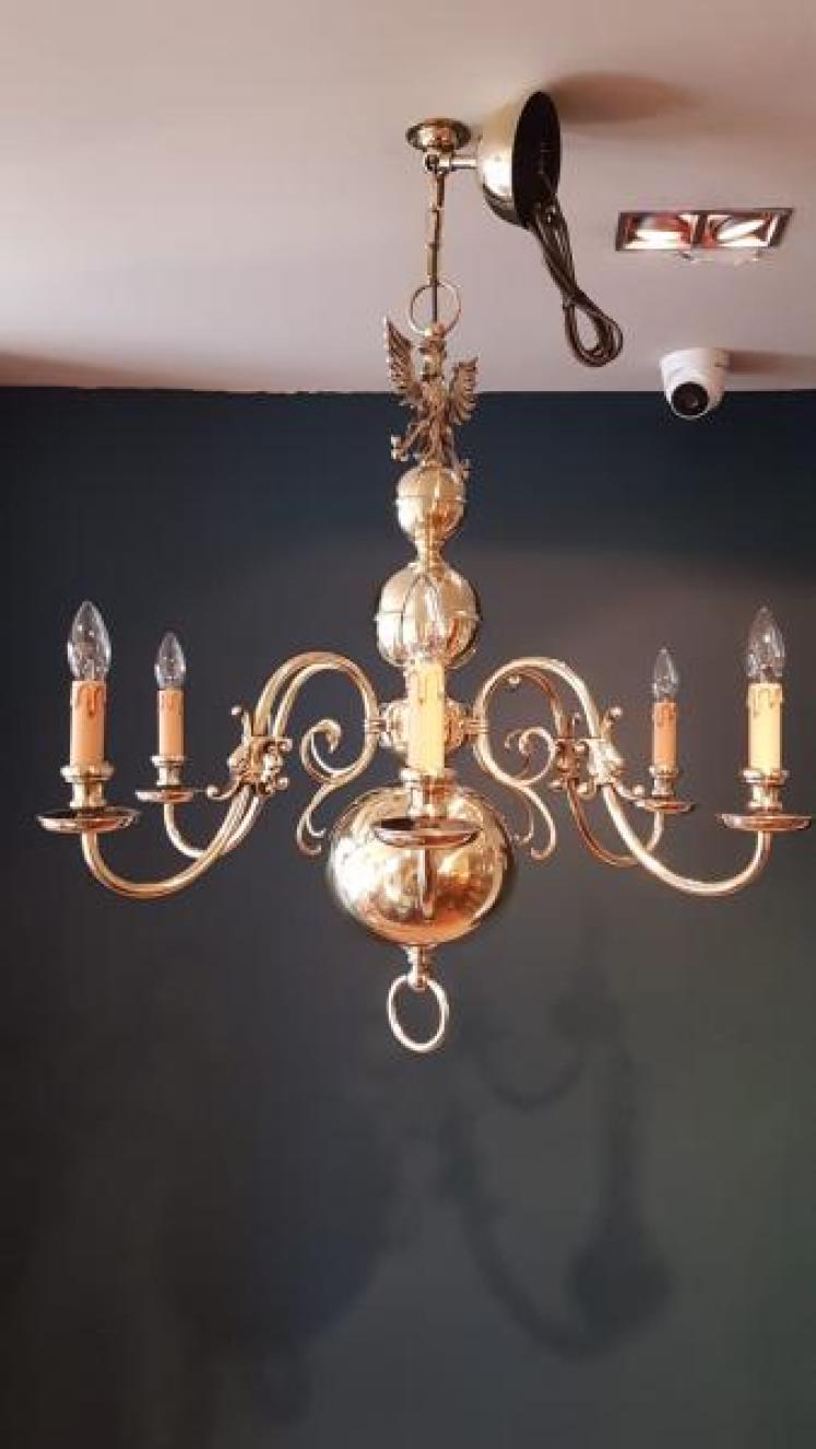 Edwardian Brass Six Arm Chandelier  - Image 1