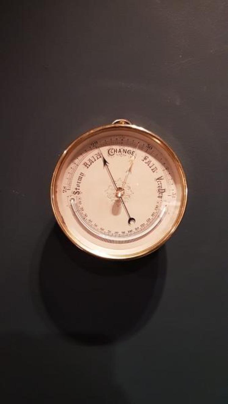 Victorian Brass Cased Marine Barometer with Crescent Thermometer - Image 1