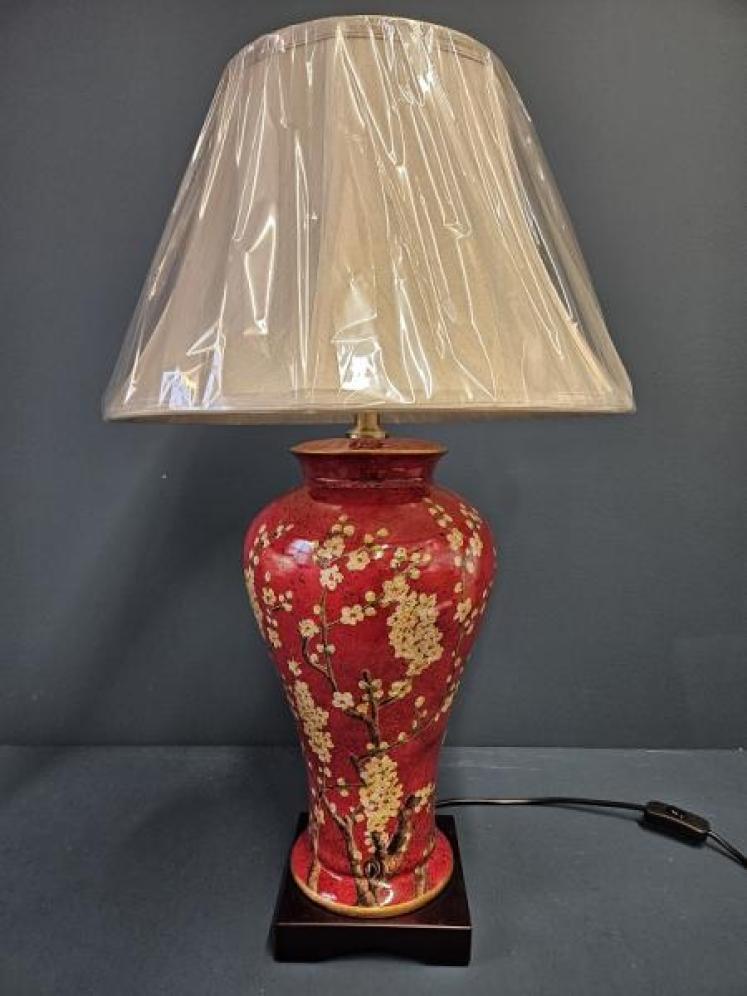 Red Porcelain Jasmine Lamp and Shade - Image 1
