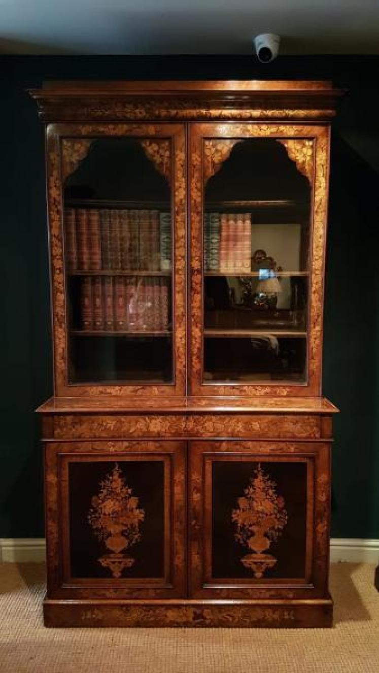 Magnificent Quality Walnut Marquetry Library Bookcase - Image 1