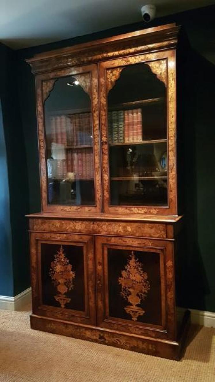Magnificent Quality Walnut Marquetry Library Bookcase - Image 2