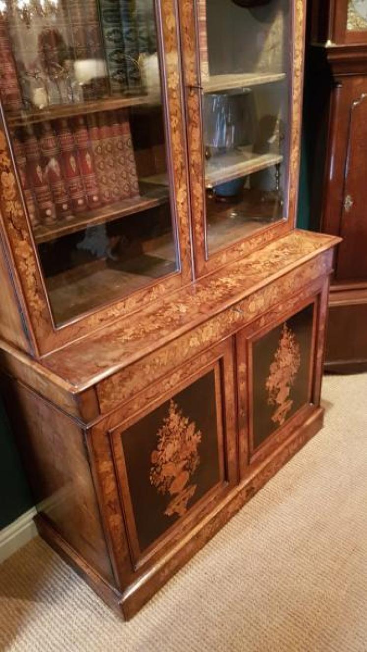 Magnificent Quality Walnut Marquetry Library Bookcase - Image 3