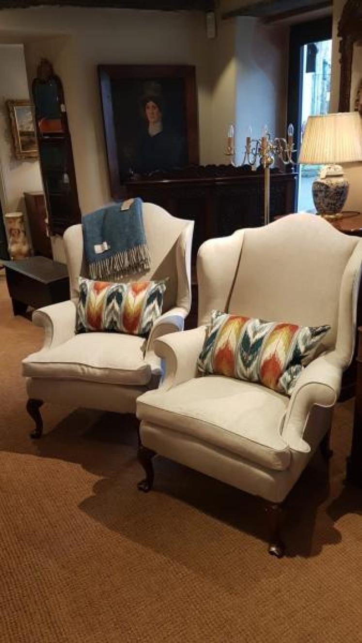 Matching Pair of Edwardian Wing Back Arm Chairs - Image 1