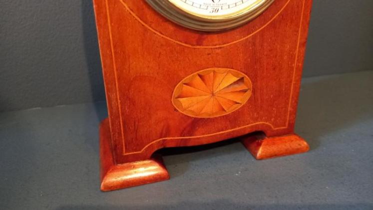  Edwardian Figured Mahogany Inlaid Mantel Clock - Image 4