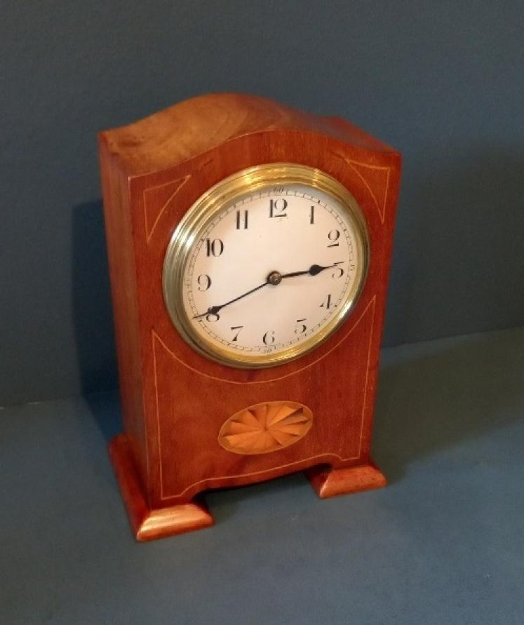  Edwardian Figured Mahogany Inlaid Mantel Clock - Image 7