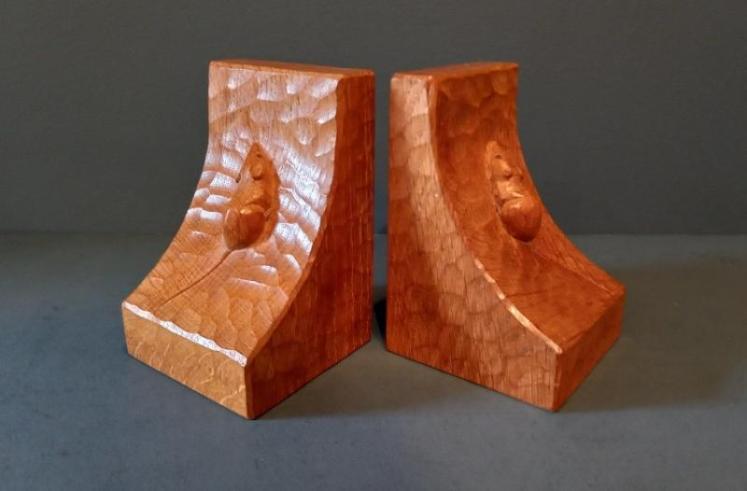 Pair of Early Mouseman Adzed Oak Bookends - Image 1