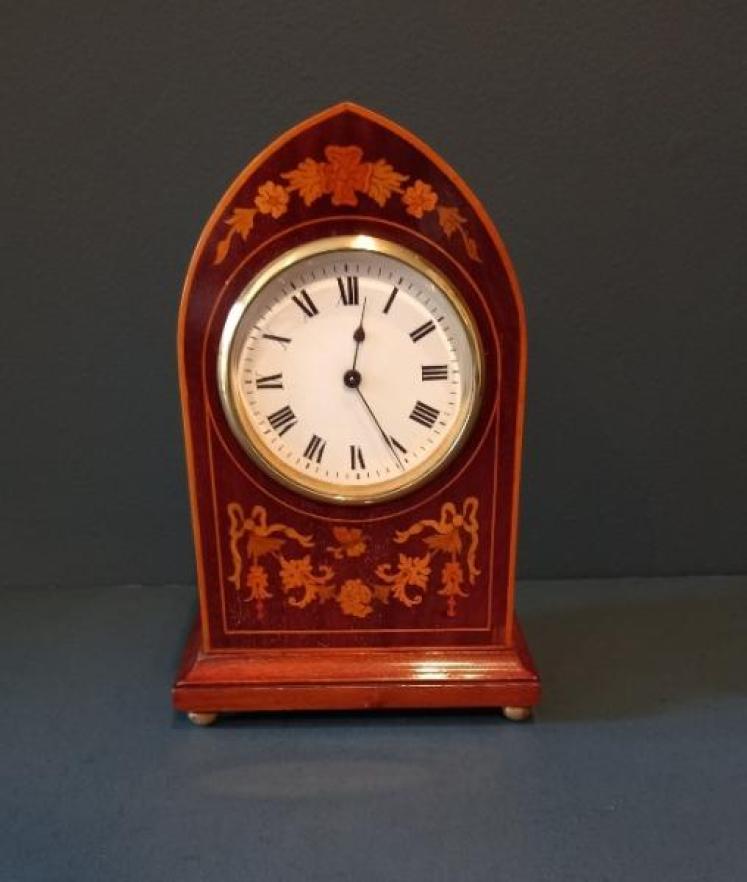 Superb Edwardian Floral Inlaid Lancet Top Mantel Clock - Image 1