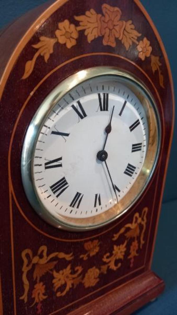 Superb Edwardian Floral Inlaid Lancet Top Mantel Clock - Image 2