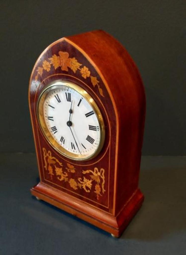 Superb Edwardian Floral Inlaid Lancet Top Mantel Clock - Image 7