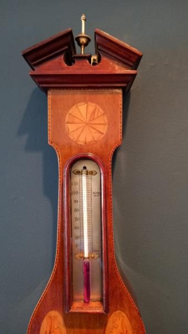 Small Edwardian Period Sheraton Inlaid Banjo Barometer - Image 3