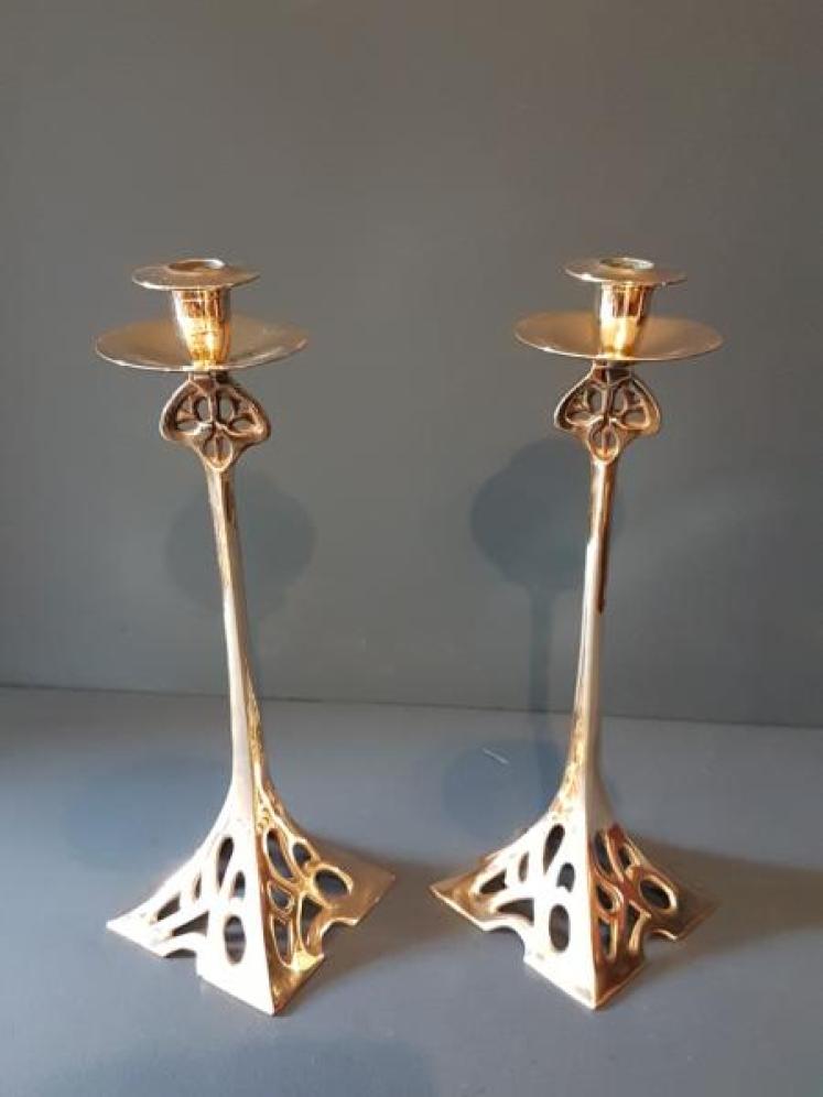 Brass Art Nouveau Candlesticks - Image 2