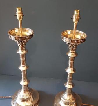 Matching Pair of Victorian Church Candlestick Table Lamps