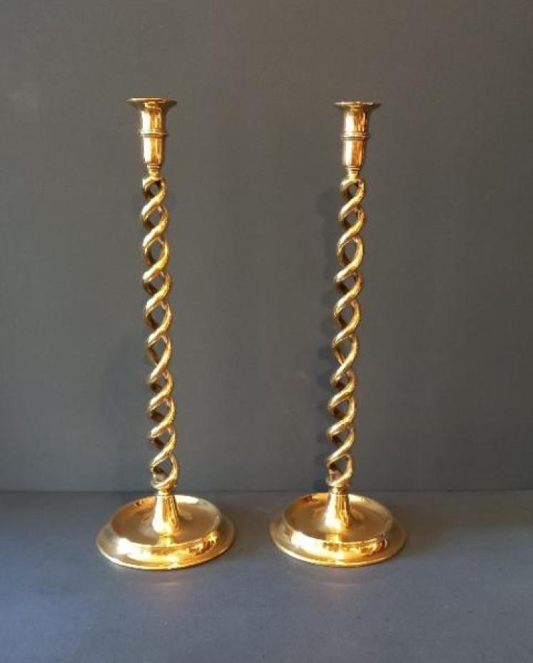 Tall Pair of Victorian Brass Open Barley Twist Candlesticks - Image 1