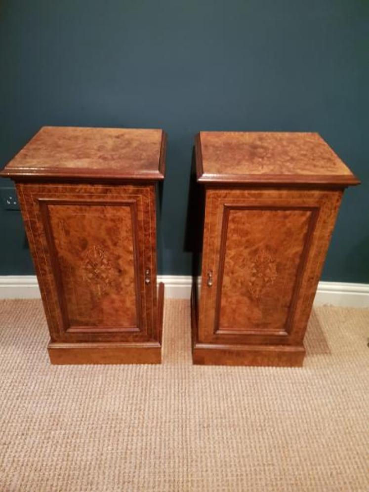 Matching Pair of Victorian Burr Walnut Bedside Cabinets - Image 1