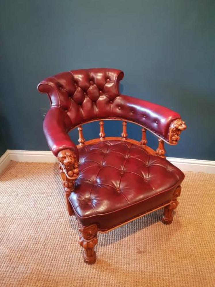 Early Victorian Oak Oxblood Hide Library Chair - Image 1