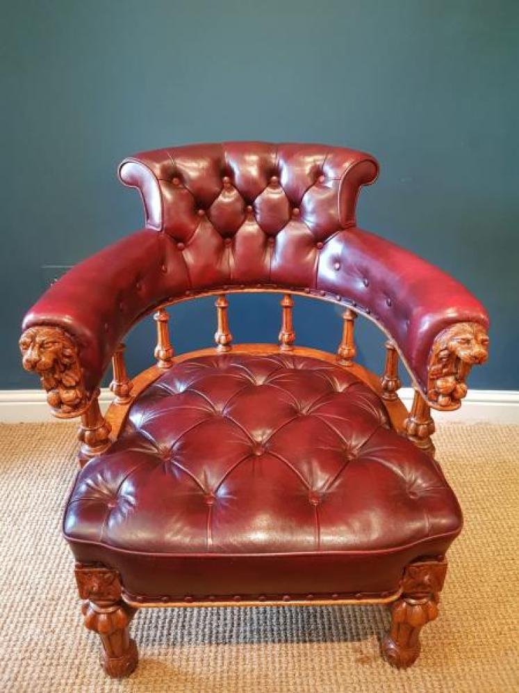 Early Victorian Oak Oxblood Hide Library Chair - Image 2