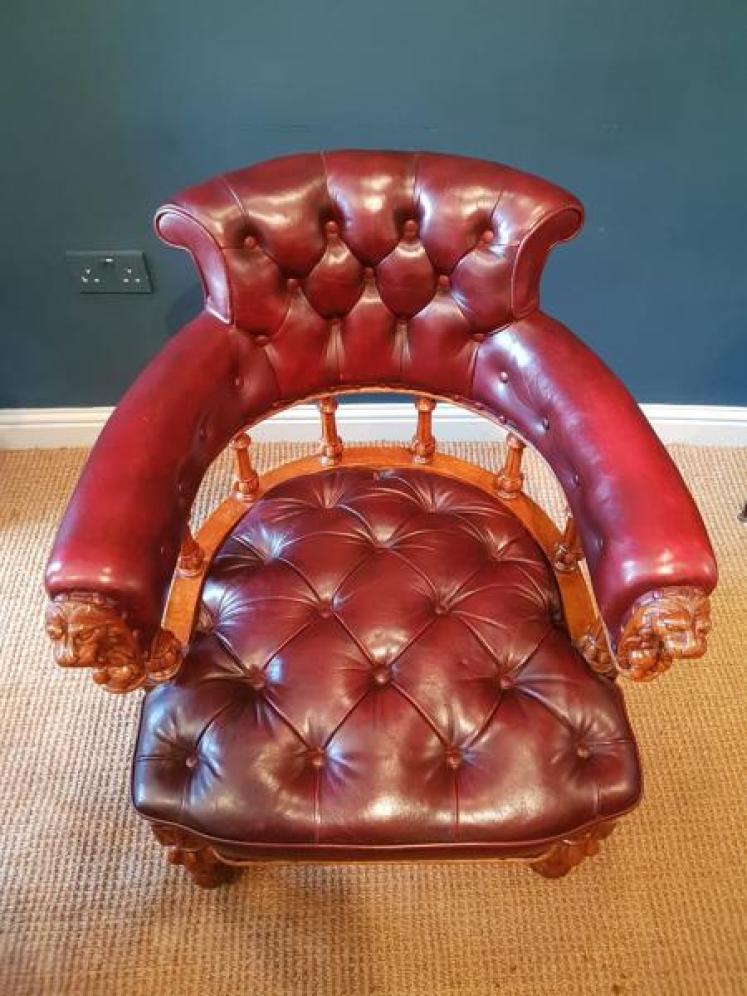 Early Victorian Oak Oxblood Hide Library Chair - Image 7